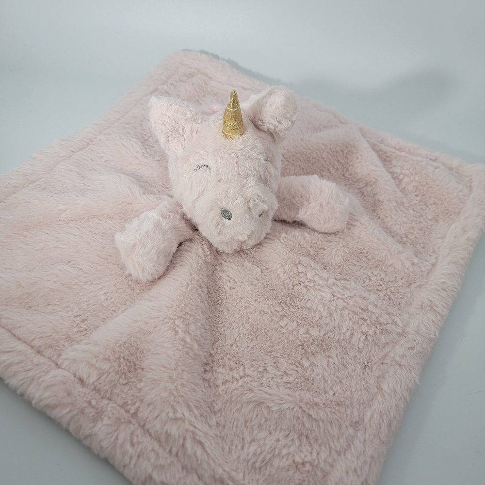 K Luxe Pink Unicorn Baby Blanket Lovey Gold Horn Gray Sewn Eyes Security Blanket